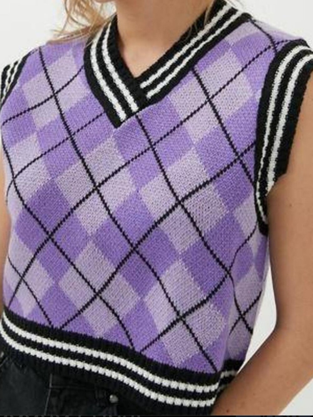 The Ragged Priest Lavender Argyle Knit Cropped Vest with Sporty Trim